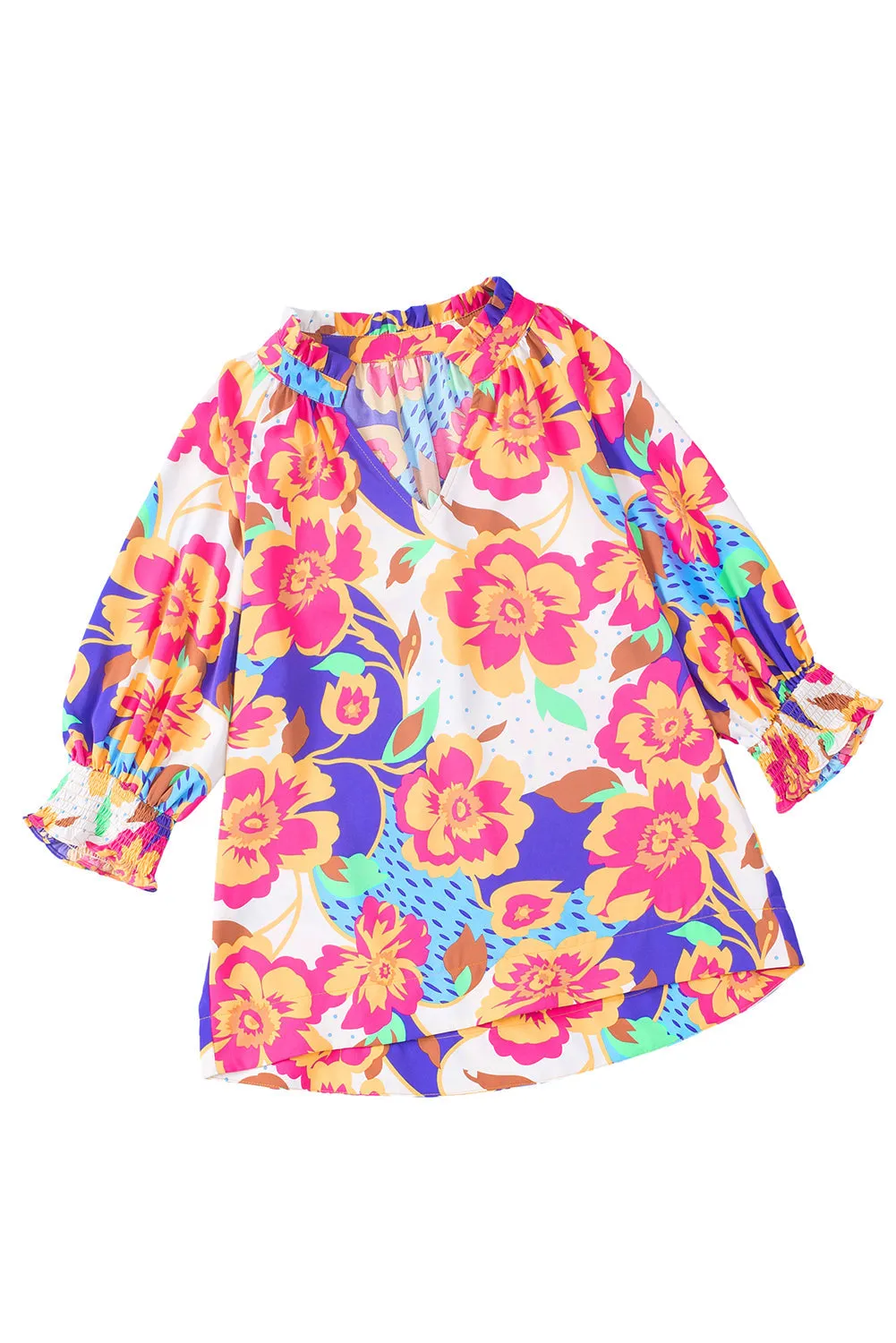 Floral Split Neck Frilled Blouse