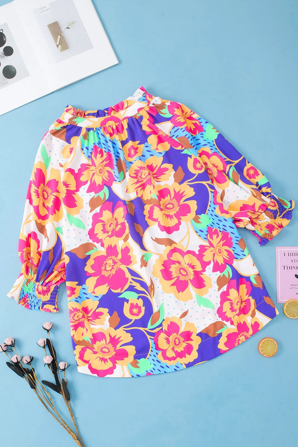 Floral Split Neck Frilled Blouse