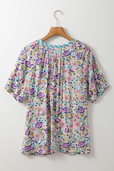 Floral Tie Neck Half Sleeve Blouse