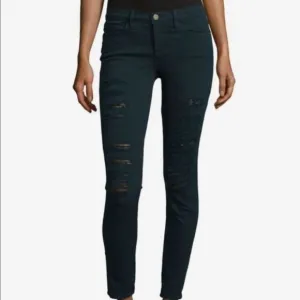 FRAME Dark Green Le Skinny de Jeanne Distressed Jeans