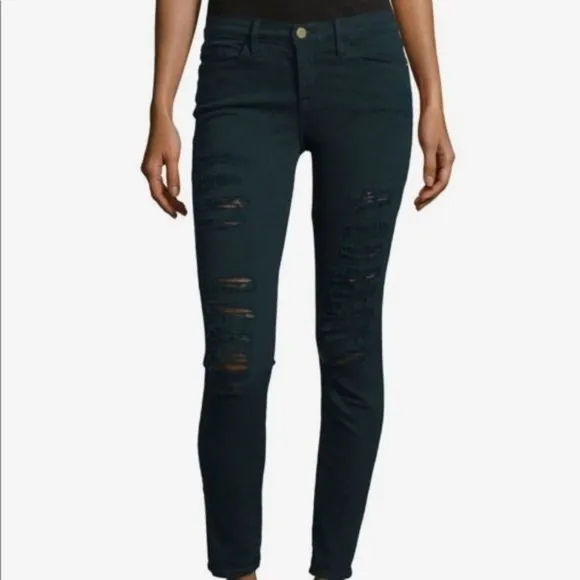 FRAME Dark Green Le Skinny de Jeanne Distressed Jeans