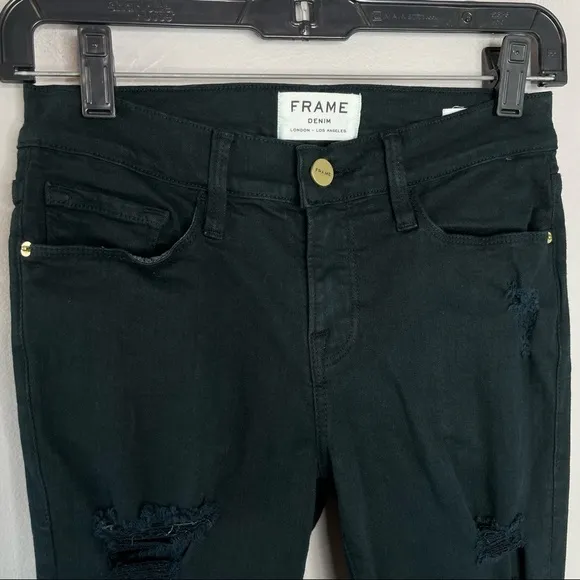 FRAME Dark Green Le Skinny de Jeanne Distressed Jeans