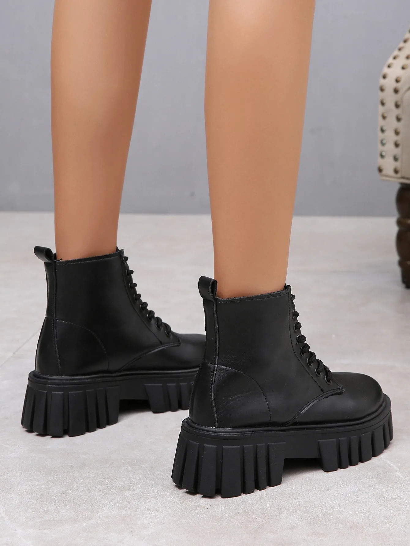 Front Lace-up Combat Boots - Black