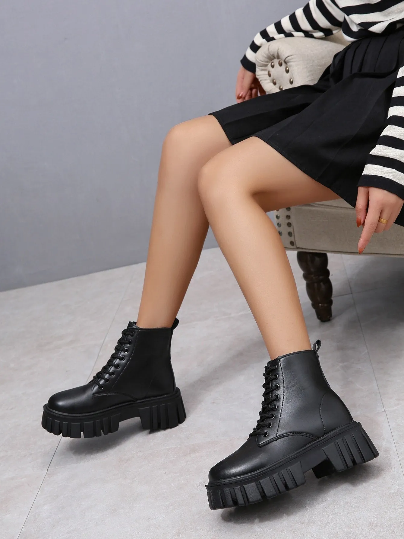 Front Lace-up Combat Boots - Black