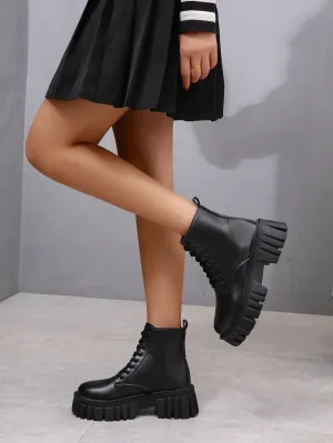 Front Lace-up Combat Boots - Black