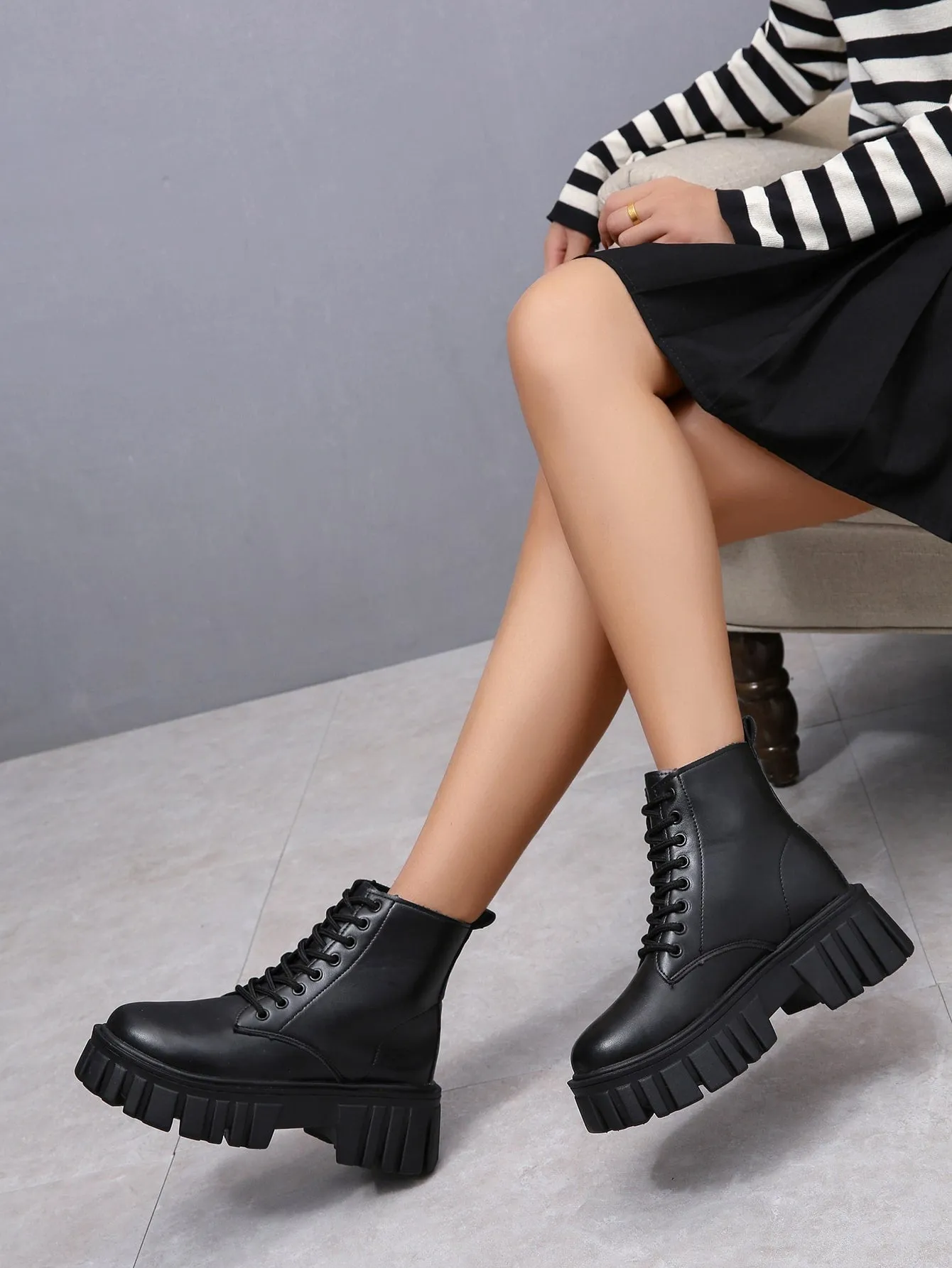 Front Lace-up Combat Boots - Black