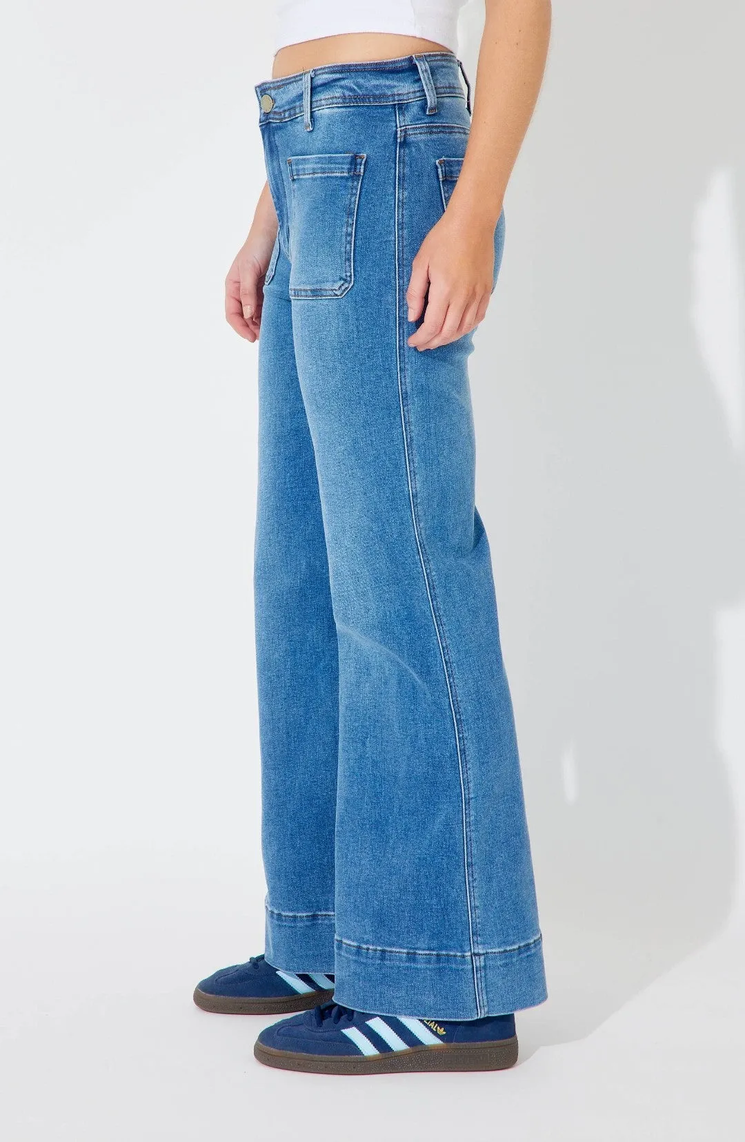 Front Pocket Stretch Wide Leg Jean - Mid Blue