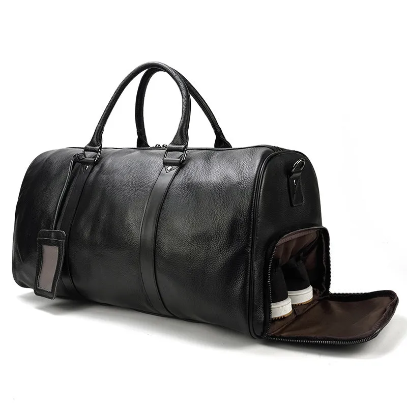 Full Grain Leather Duffle Bag With Shoes Compartment Mens Cowhide Leather Travel Bags Weekender Bags