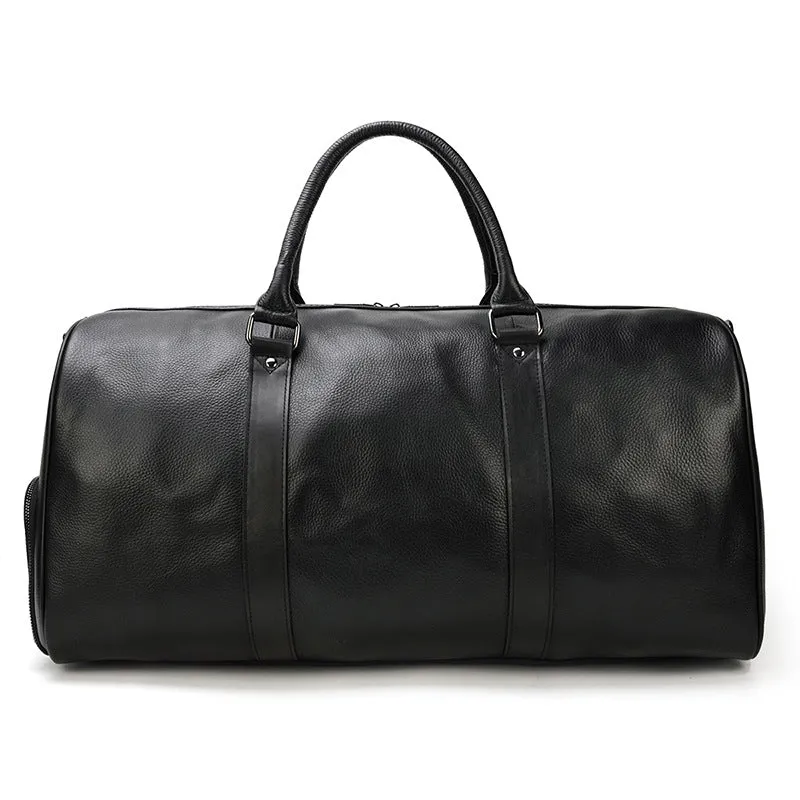 Full Grain Leather Duffle Bag With Shoes Compartment Mens Cowhide Leather Travel Bags Weekender Bags
