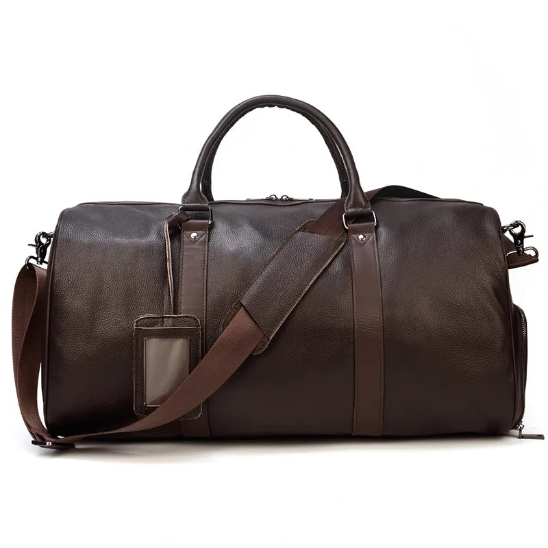 Full Grain Leather Duffle Bag With Shoes Compartment Mens Cowhide Leather Travel Bags Weekender Bags