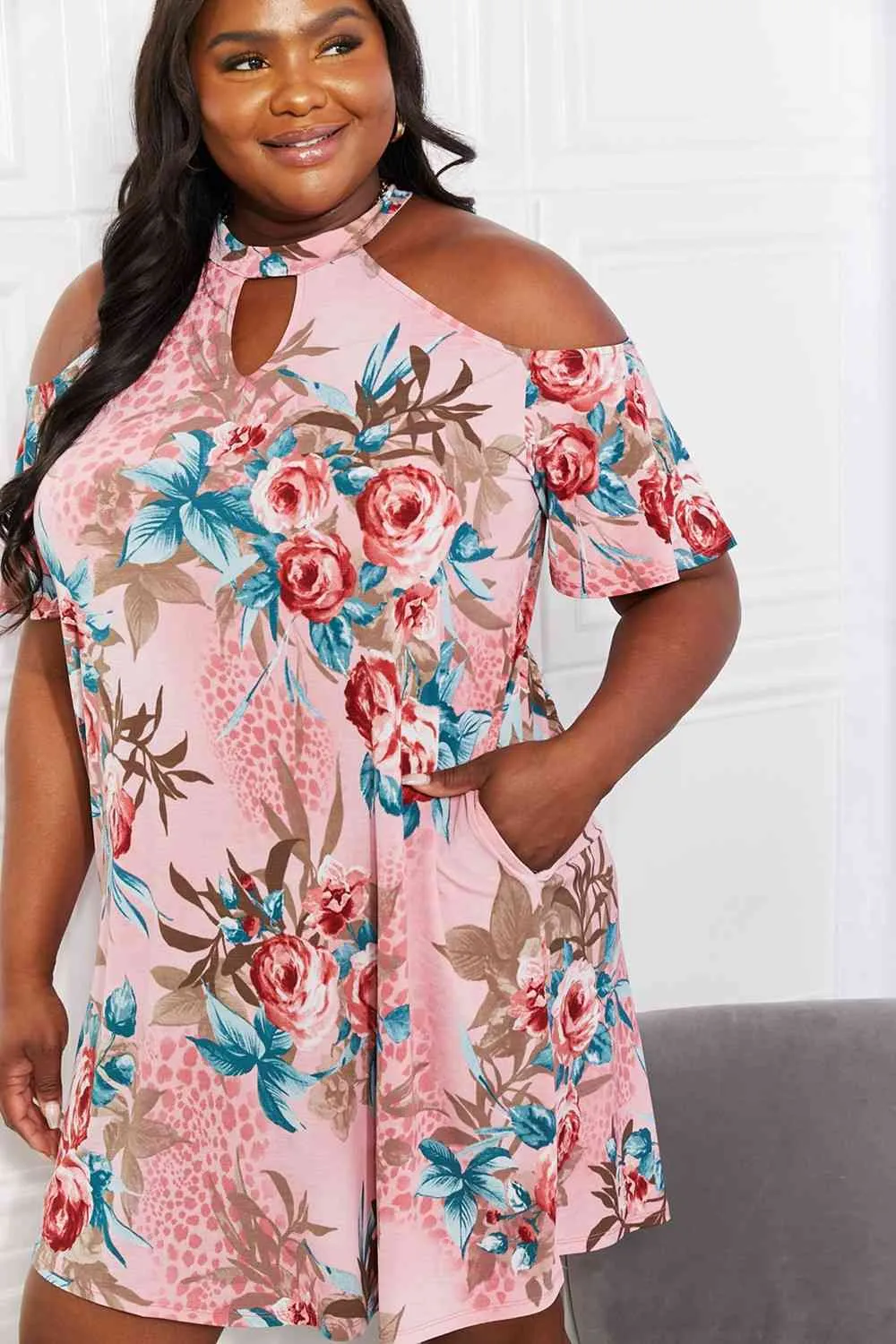 Full Size Fresh-Cut Flowers Cold-Shoulder Dress