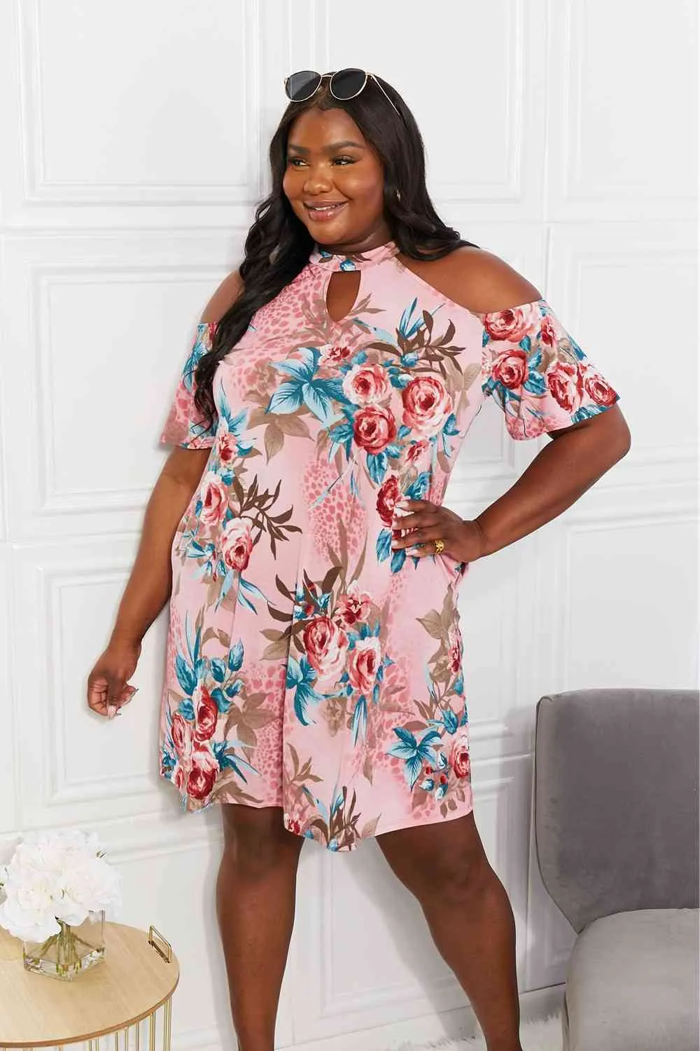 Full Size Fresh-Cut Flowers Cold-Shoulder Dress