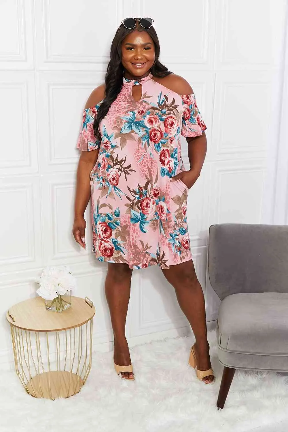Full Size Fresh-Cut Flowers Cold-Shoulder Dress
