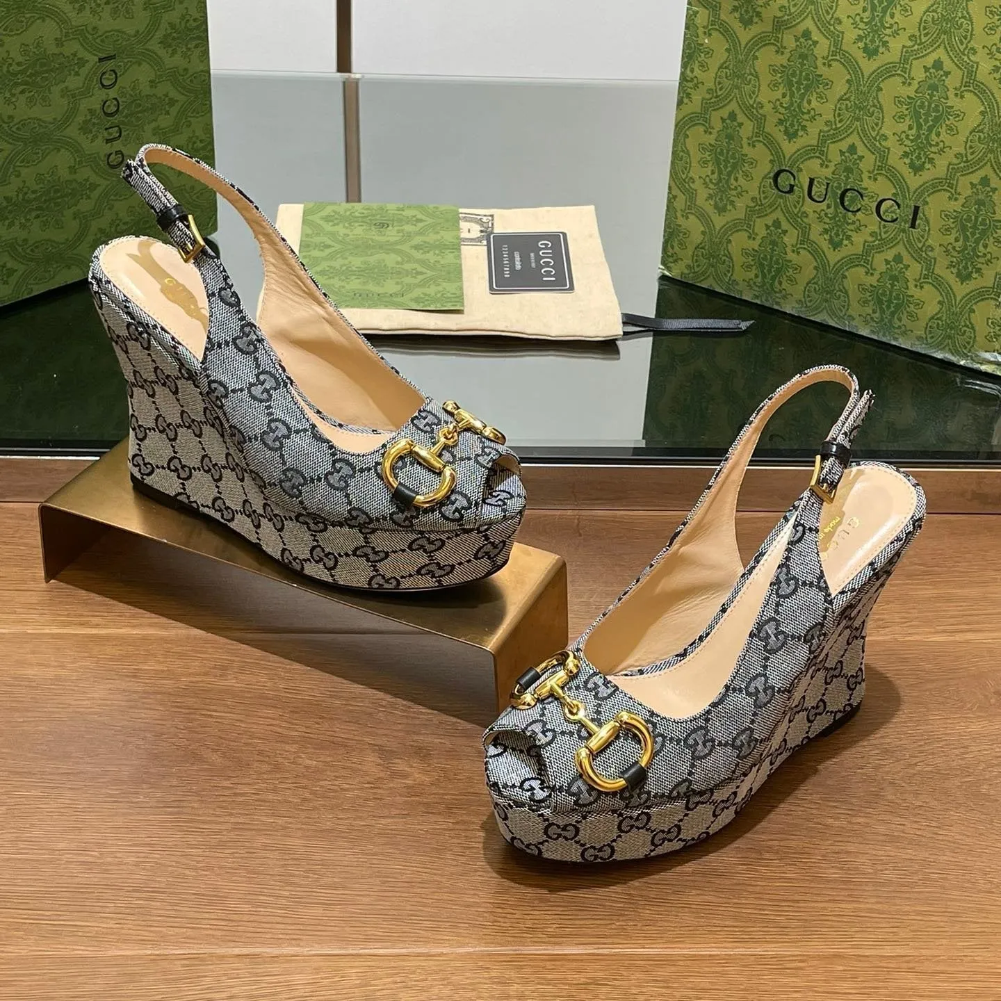 GG WEDGE PLATFORM IN STEEL GREY MONOGRAM JACQUARD FABRIC