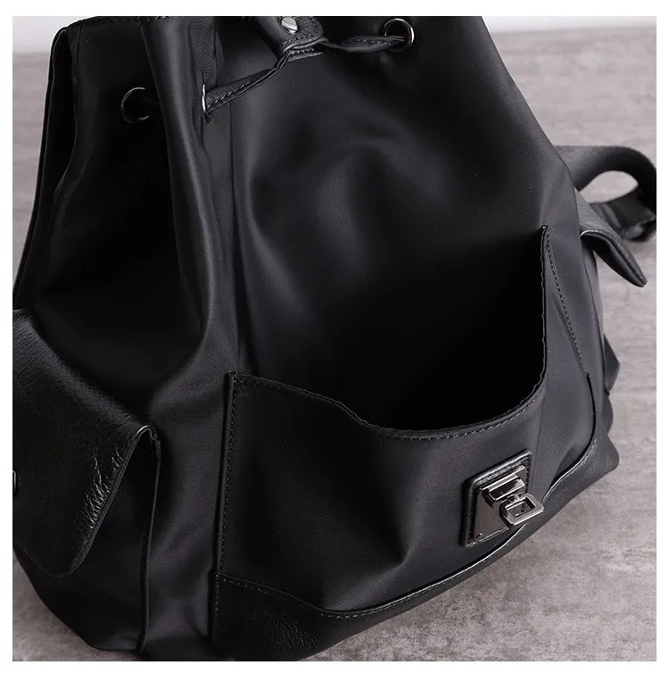 Girl Black Nylon Leather Satchel Rucksack Bag Womens School Backpacks Purse Nylon Leather Travel Rucksack for Ladies
