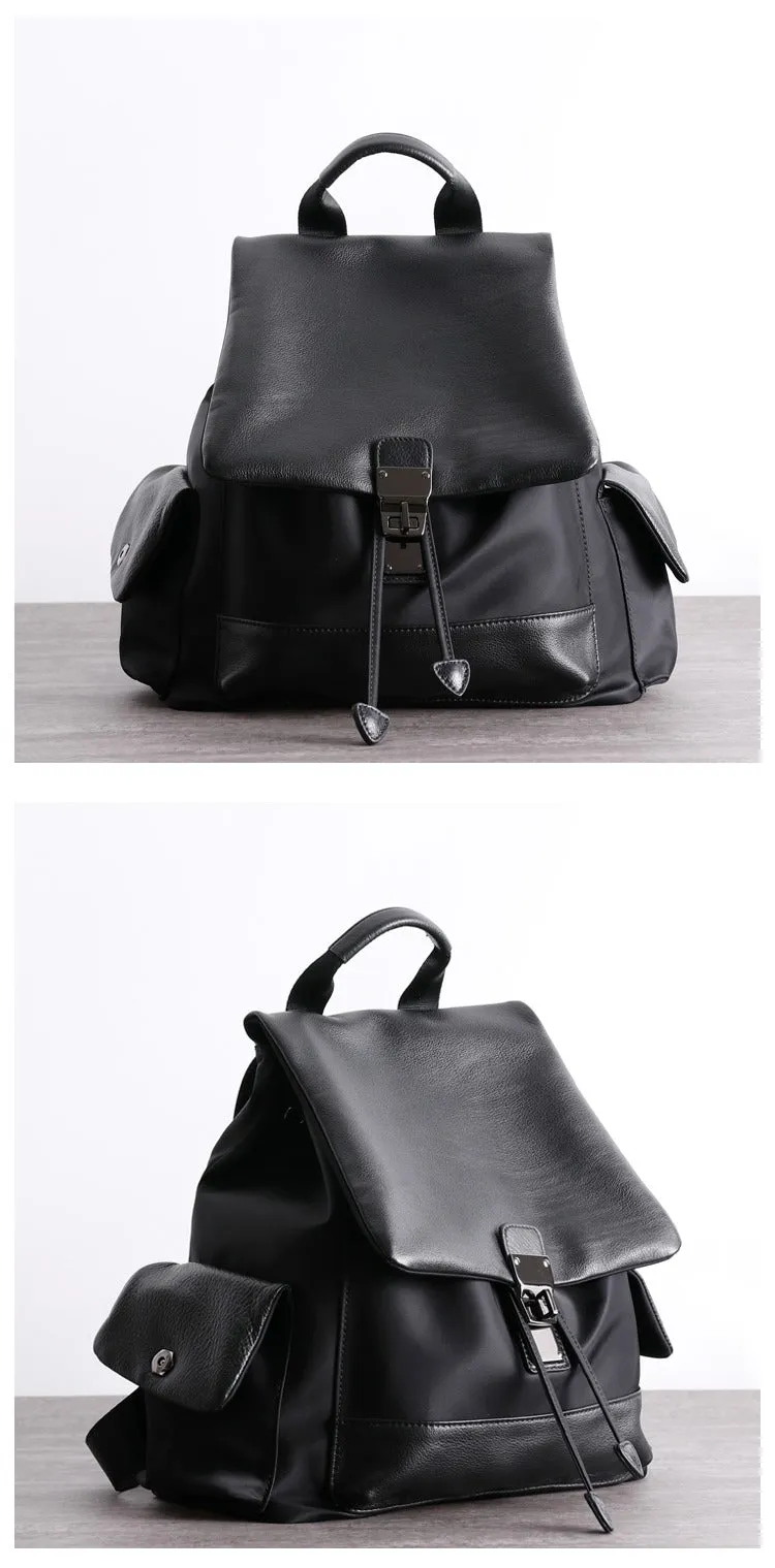 Girl Black Nylon Leather Satchel Rucksack Bag Womens School Backpacks Purse Nylon Leather Travel Rucksack for Ladies