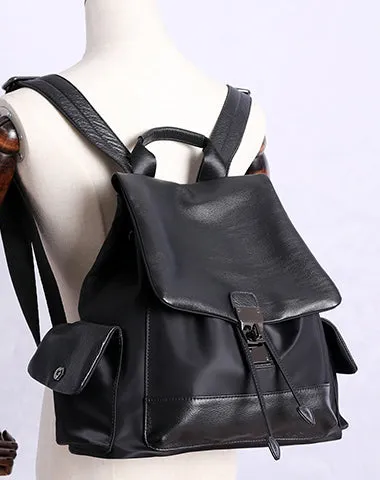 Girl Black Nylon Leather Satchel Rucksack Bag Womens School Backpacks Purse Nylon Leather Travel Rucksack for Ladies