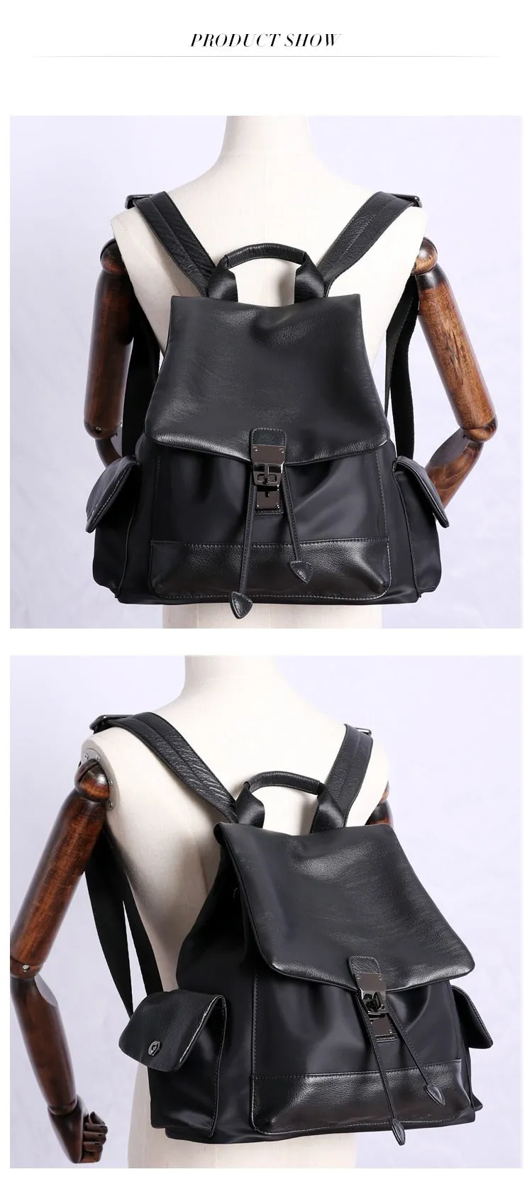 Girl Black Nylon Leather Satchel Rucksack Bag Womens School Backpacks Purse Nylon Leather Travel Rucksack for Ladies