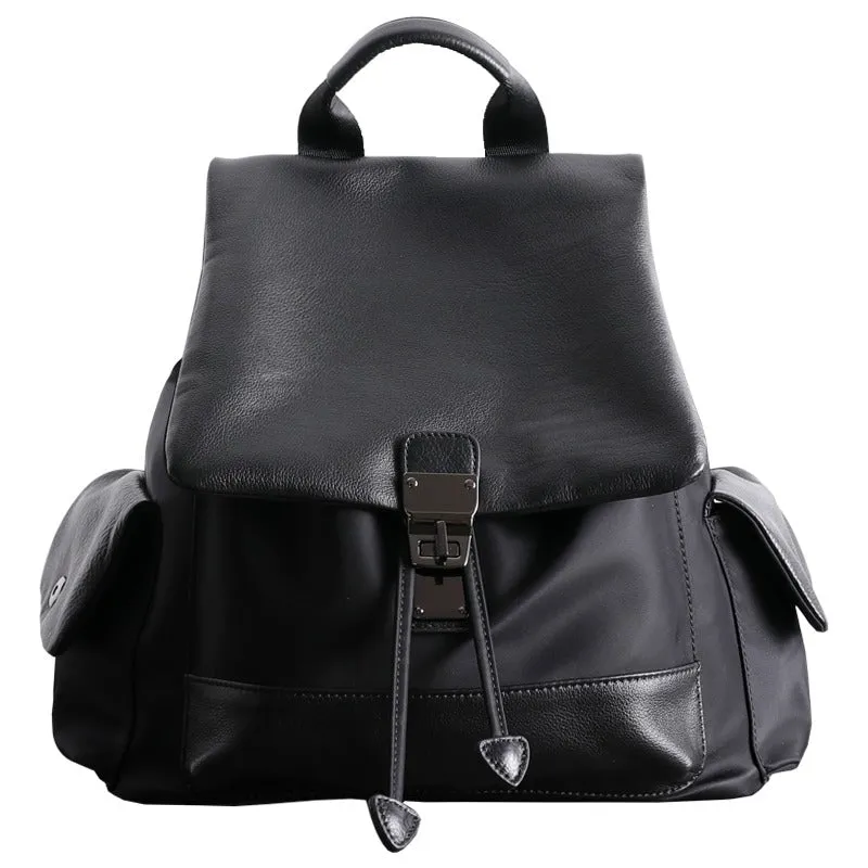 Girl Black Nylon Leather Satchel Rucksack Bag Womens School Backpacks Purse Nylon Leather Travel Rucksack for Ladies