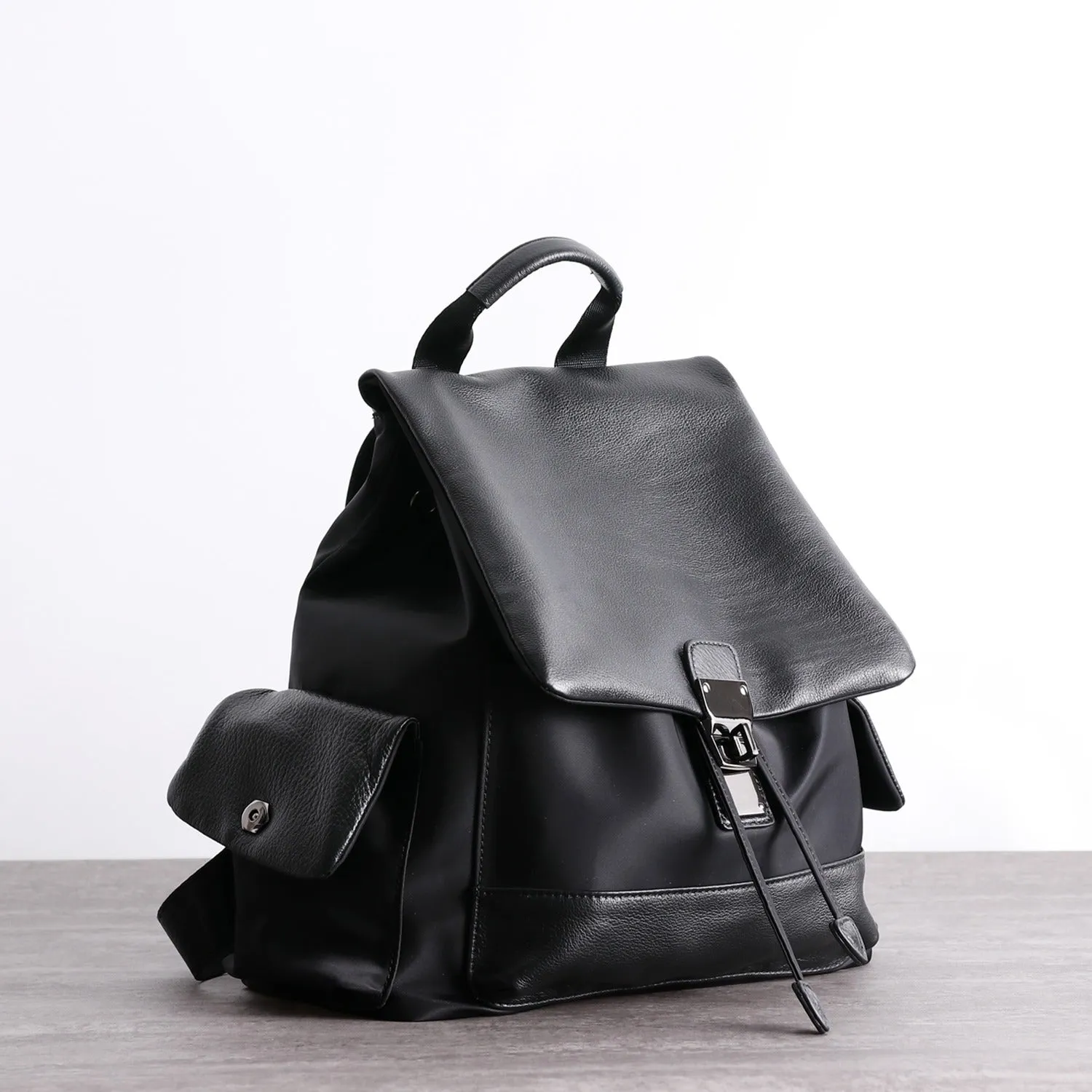 Girl Black Nylon Leather Satchel Rucksack Bag Womens School Backpacks Purse Nylon Leather Travel Rucksack for Ladies