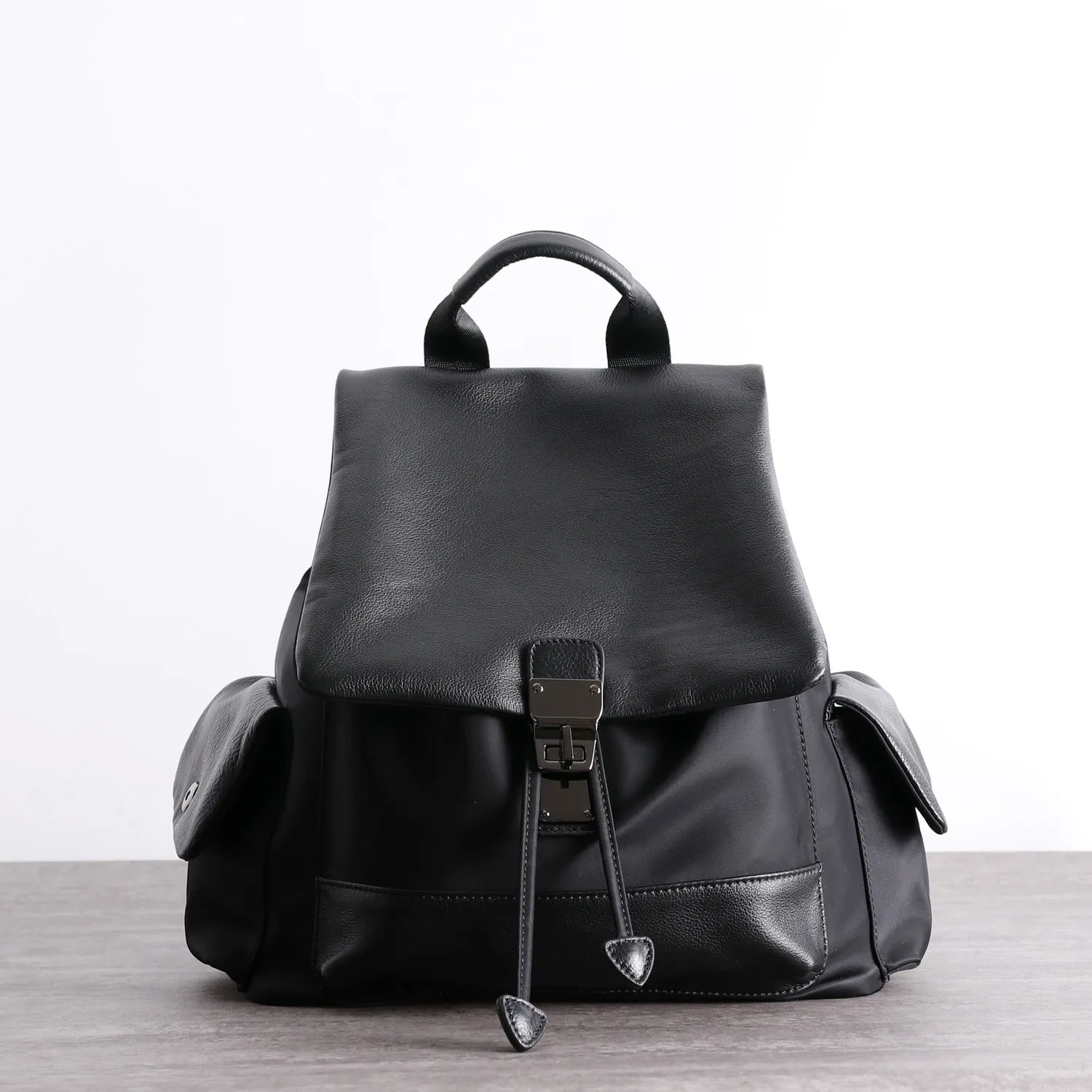 Girl Black Nylon Leather Satchel Rucksack Bag Womens School Backpacks Purse Nylon Leather Travel Rucksack for Ladies