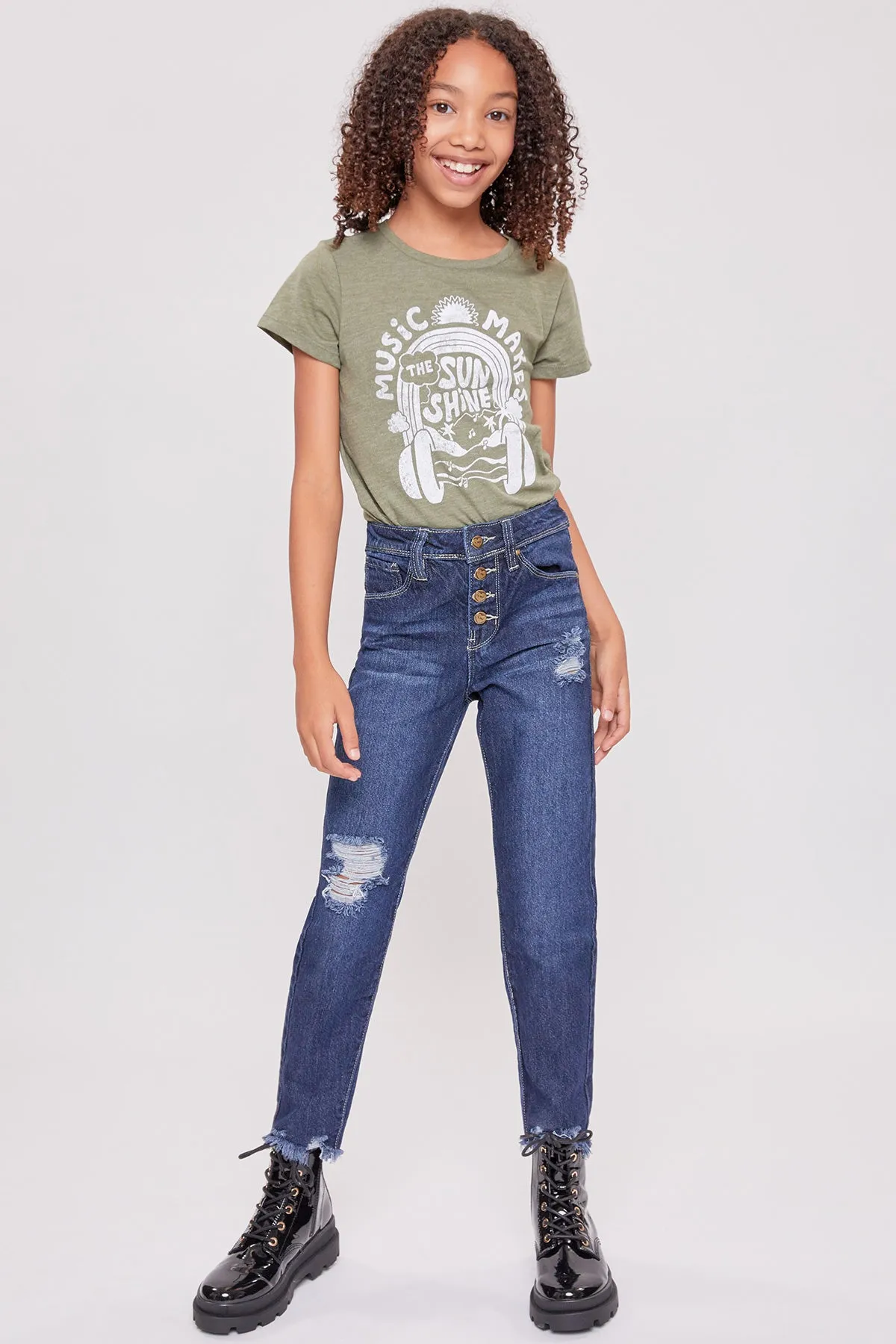 Girls High-Rise Exposed Button Straight Leg Jean With Distressed Hem, Pack of 12