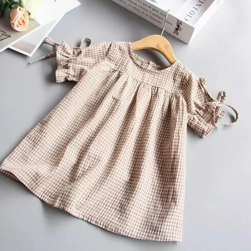 Girls Summer Plaid Loose Lace-up Cuffs Blouse - Beige