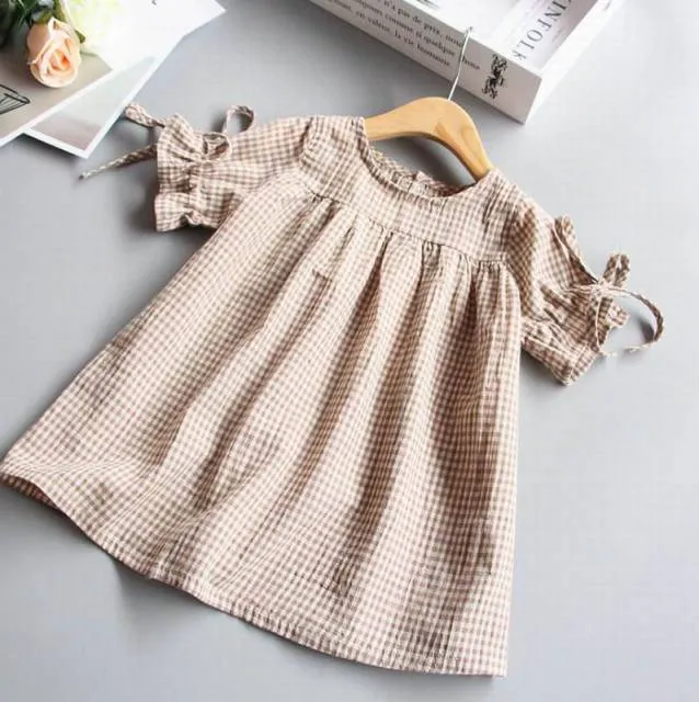 Girls Summer Plaid Loose Lace-up Cuffs Blouse - Beige