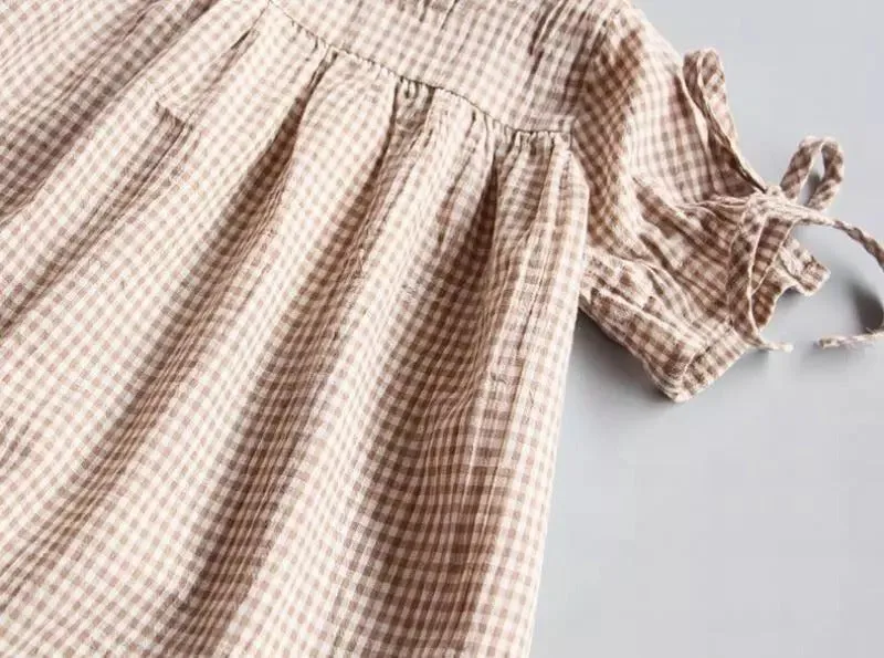 Girls Summer Plaid Loose Lace-up Cuffs Blouse - Beige