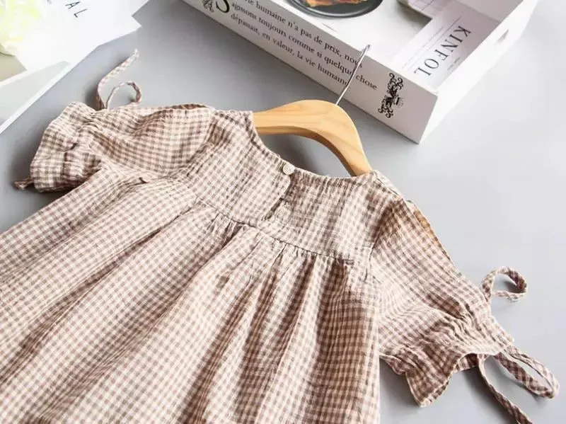 Girls Summer Plaid Loose Lace-up Cuffs Blouse - Beige