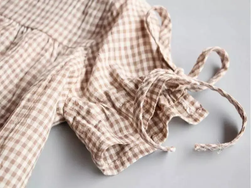 Girls Summer Plaid Loose Lace-up Cuffs Blouse - Beige