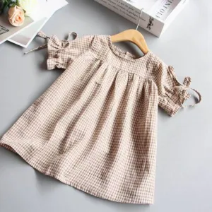 Girls Summer Plaid Loose Lace-up Cuffs Blouse - Beige