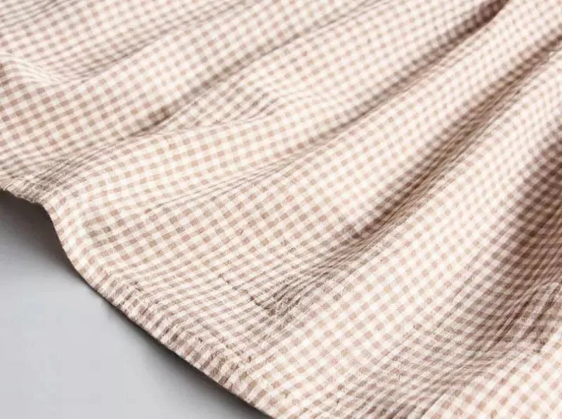 Girls Summer Plaid Loose Lace-up Cuffs Blouse - Beige