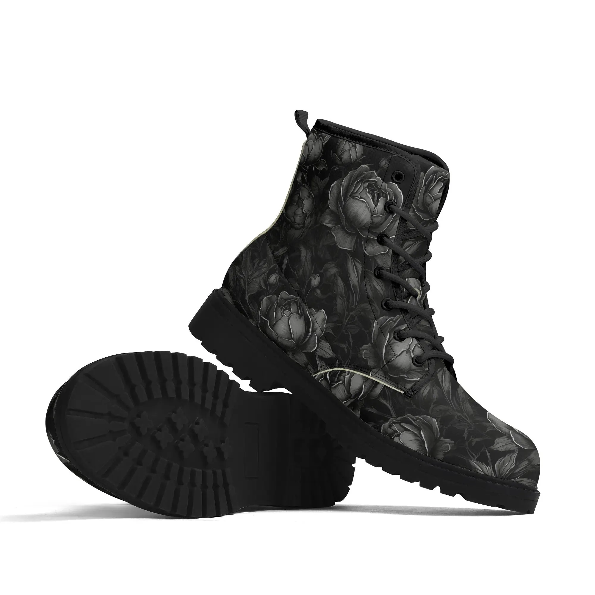 Goth Subtle Black Roses Womens Vegan Boots