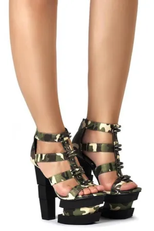 Green Camouflage Platform Heel Sandals