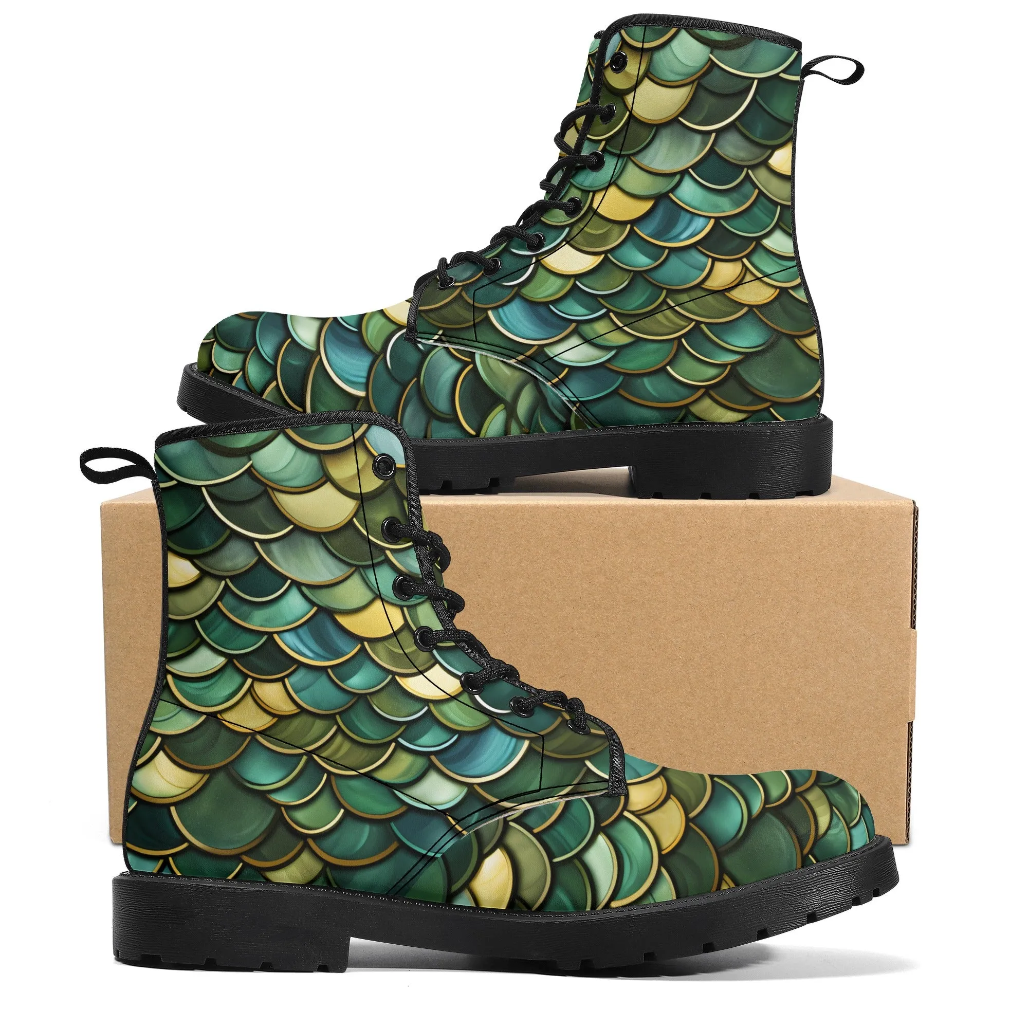 Green Dragon Scales Black Mens Vegan Boots