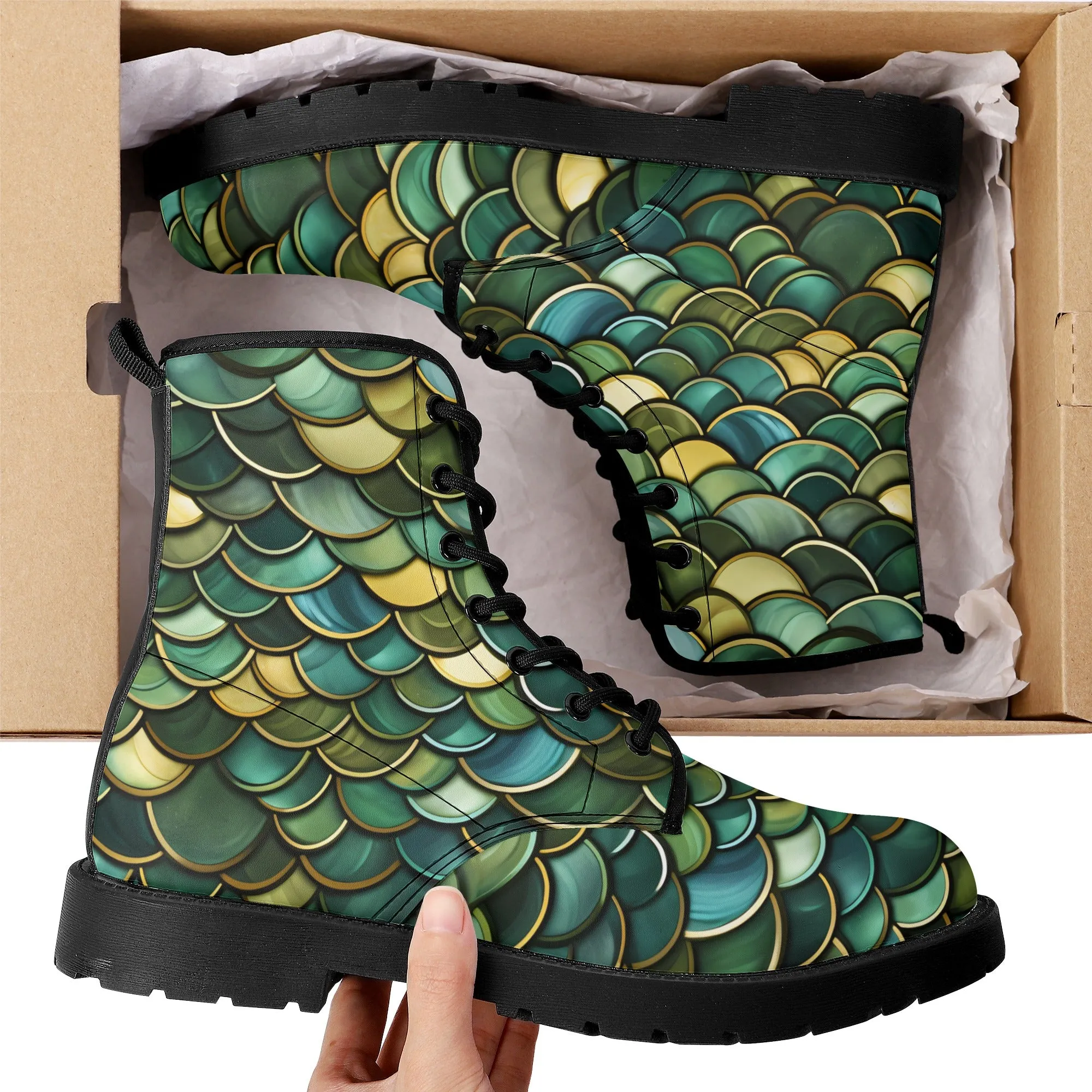 Green Dragon Scales Black Mens Vegan Boots
