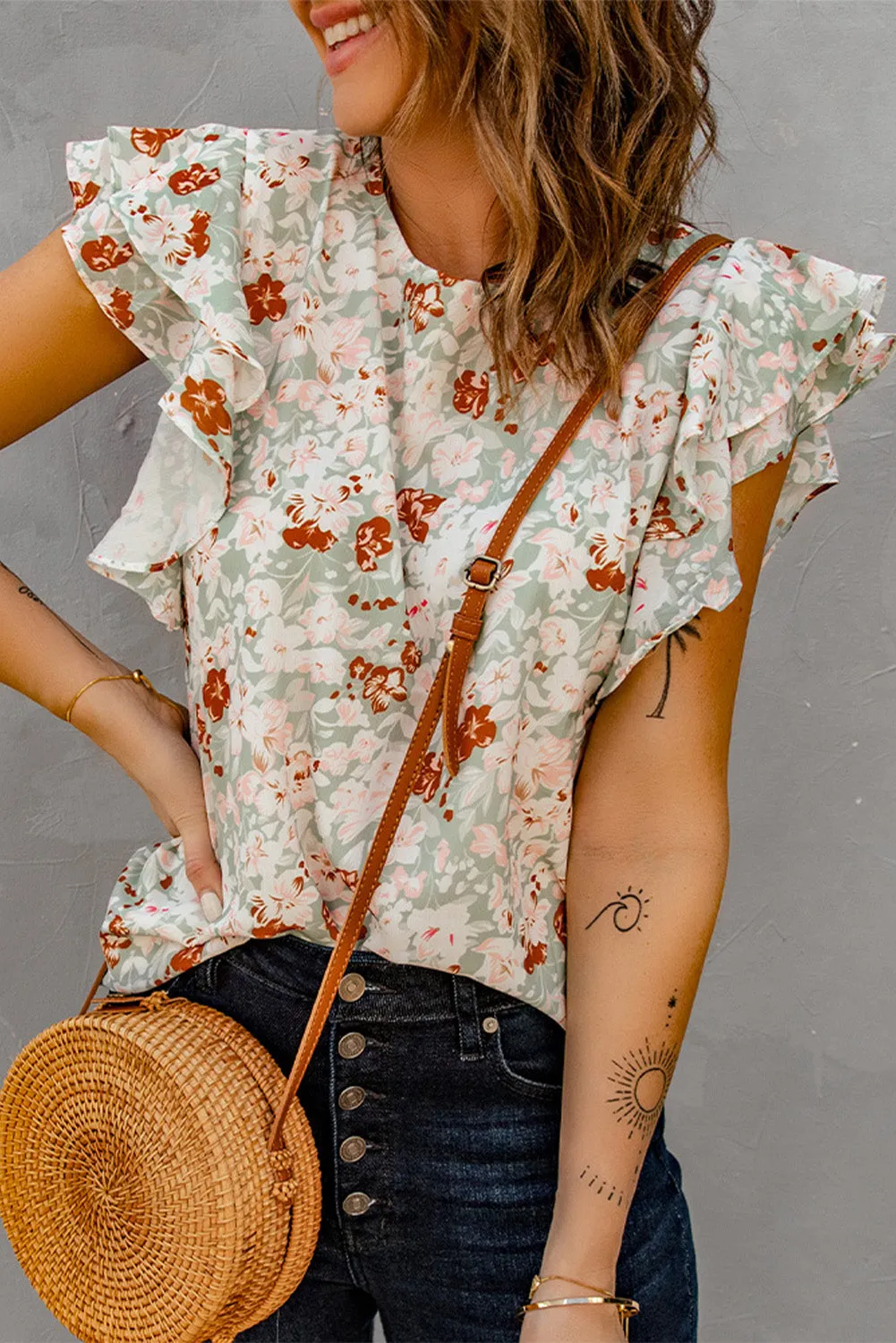 Green Floral Ruffle Short Sleeve Blouse