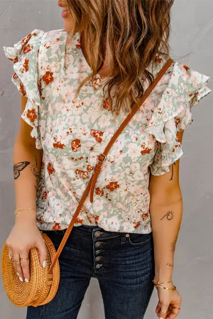 Green Floral Ruffle Short Sleeve Blouse