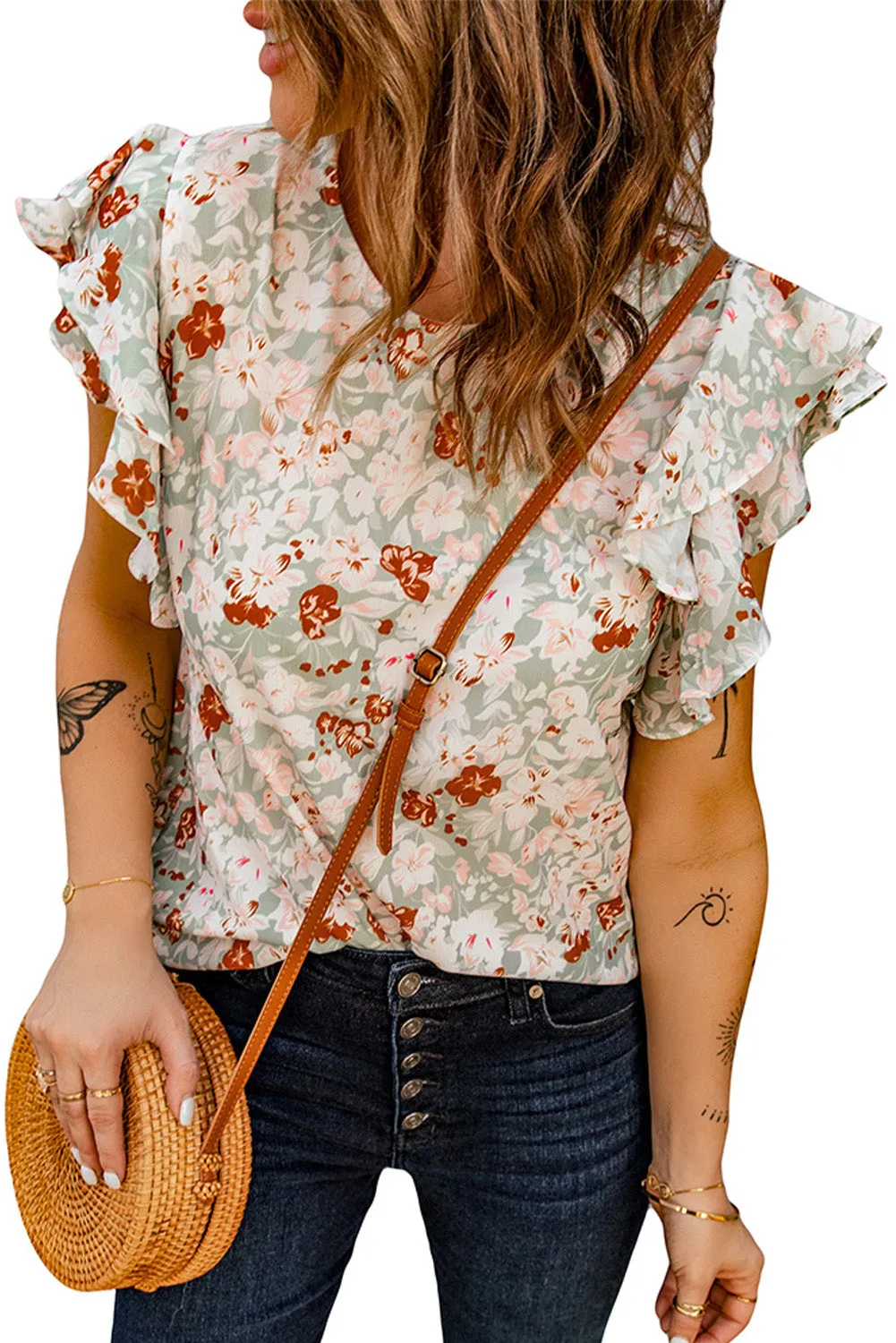 Green Floral Ruffle Short Sleeve Blouse