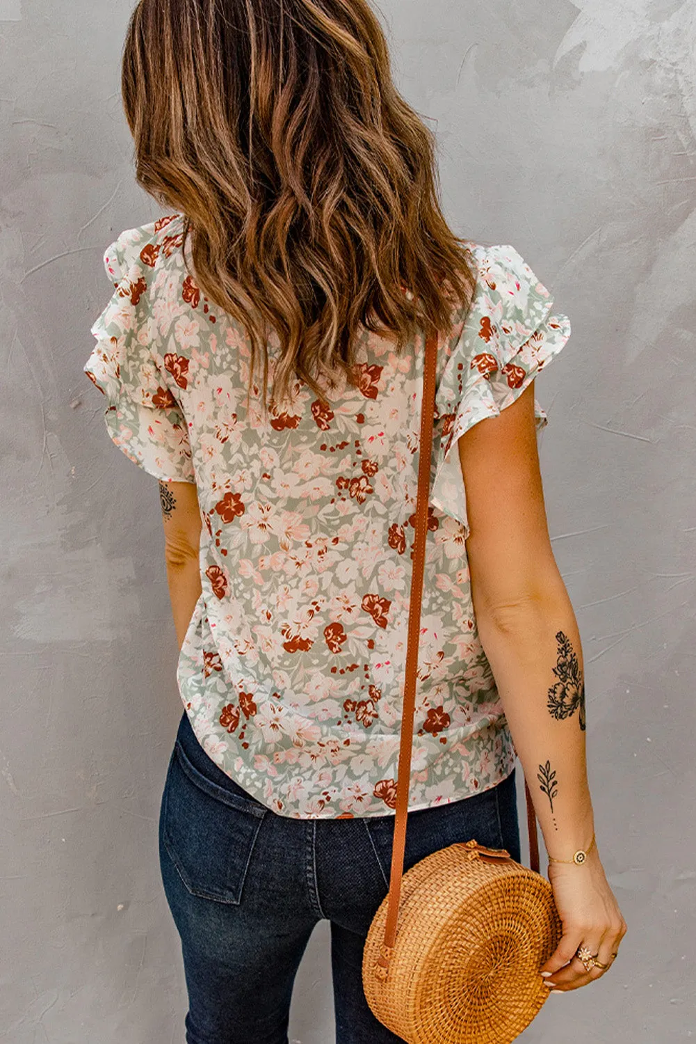 Green Floral Ruffle Short Sleeve Blouse