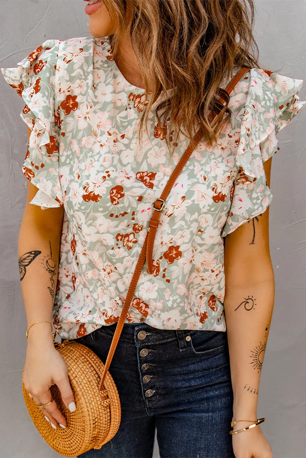 Green Floral Ruffle Short Sleeve Blouse