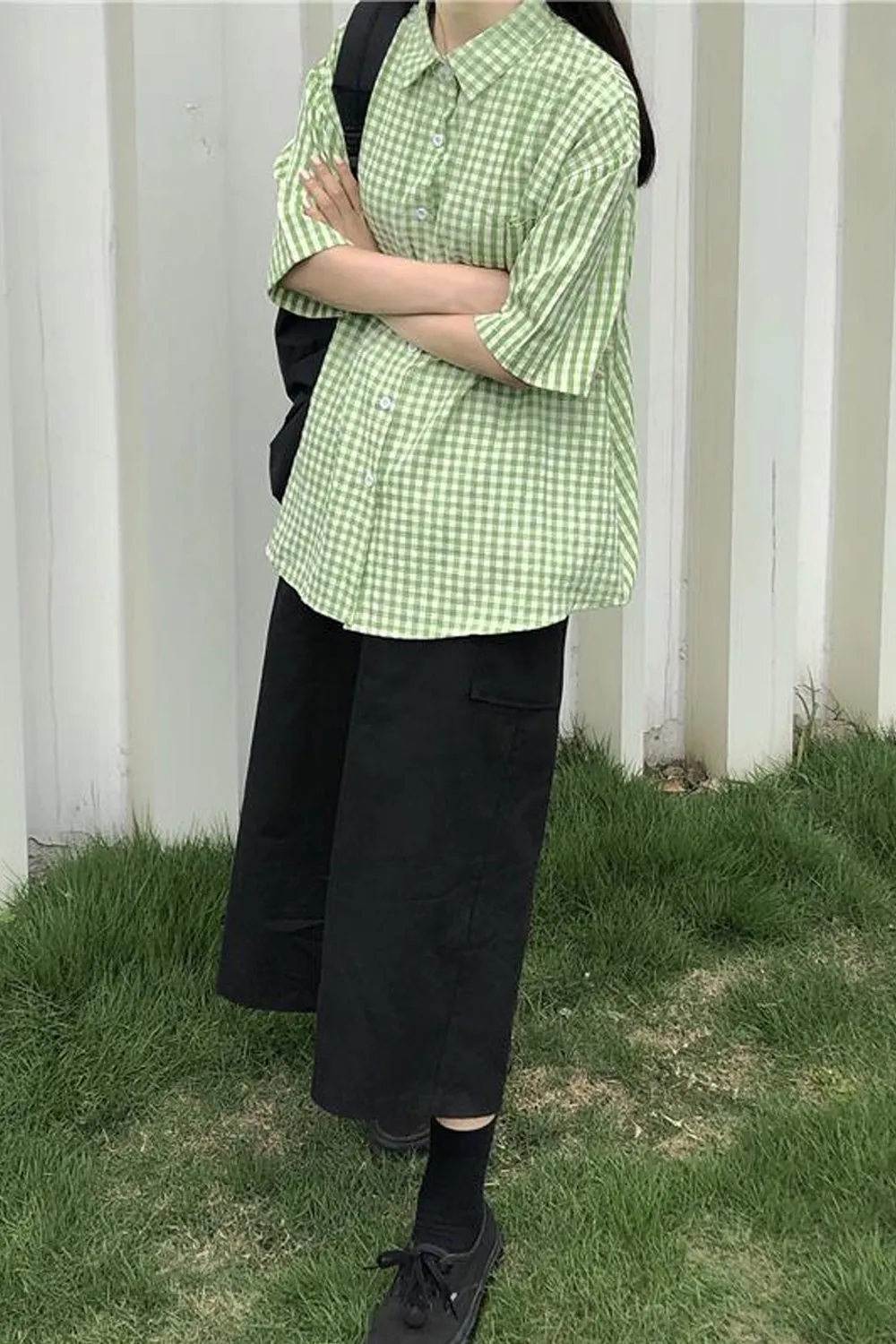Green Plaid Short Sleeve Blouse Shirt