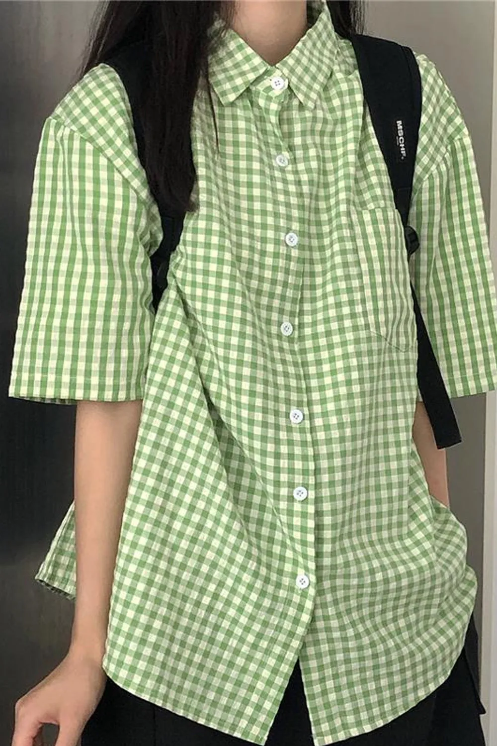 Green Plaid Short Sleeve Blouse Shirt