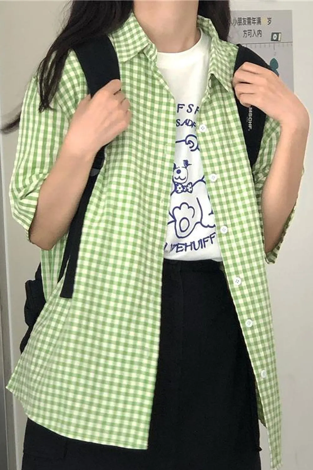 Green Plaid Short Sleeve Blouse Shirt