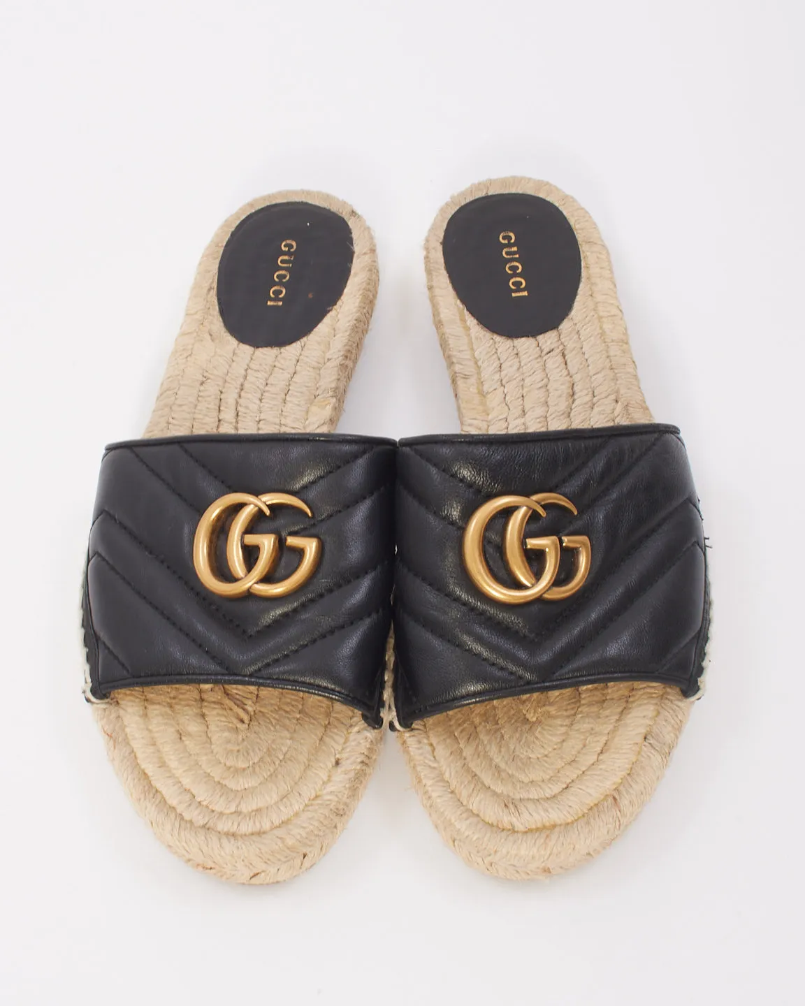 Gucci Black Leather Nappa Matelassé GG Marmont Espadrille Slide Sandals - 38.5