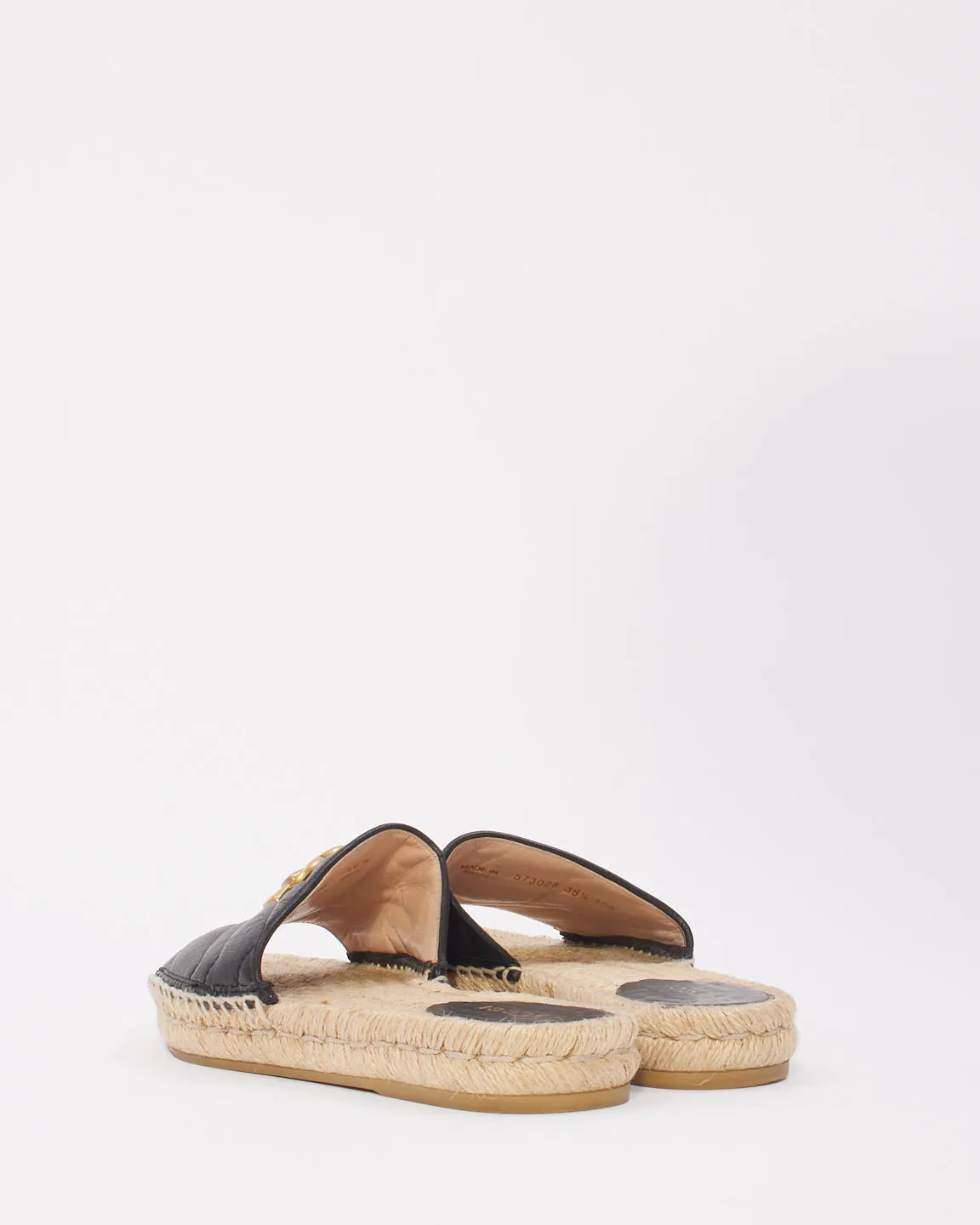 Gucci Black Leather Nappa Matelassé GG Marmont Espadrille Slide Sandals - 38.5