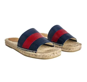 Gucci Blue and Red Web Striped Espadrille Slides in Beige