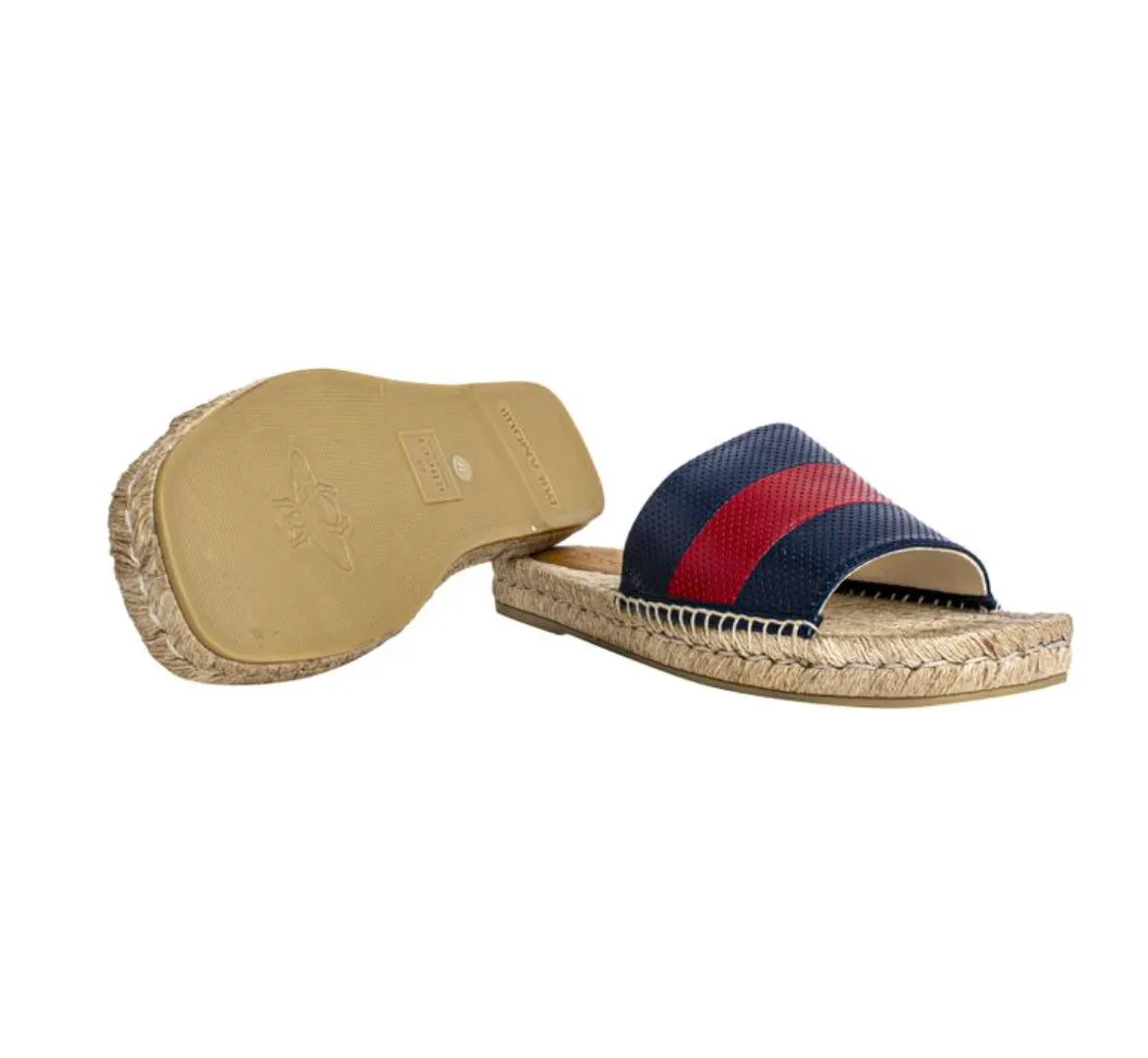 Gucci Blue and Red Web Striped Espadrille Slides in Beige