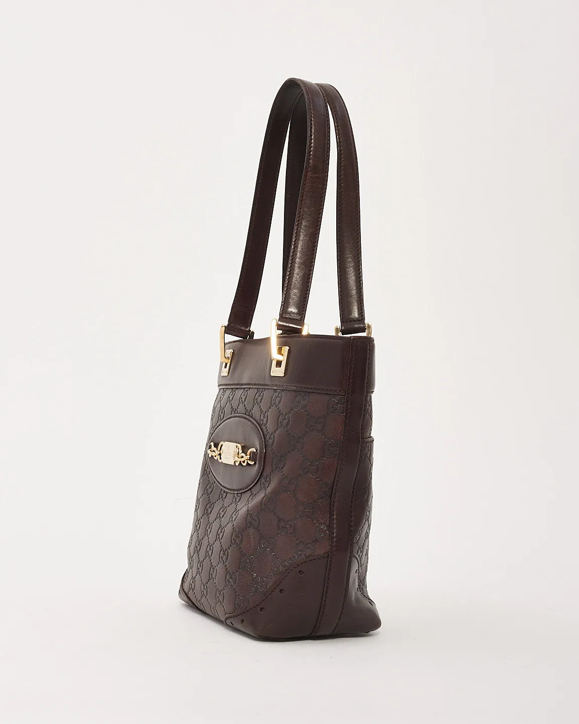 Gucci Brown Signature G Embossed Leather Small Punch Tote
